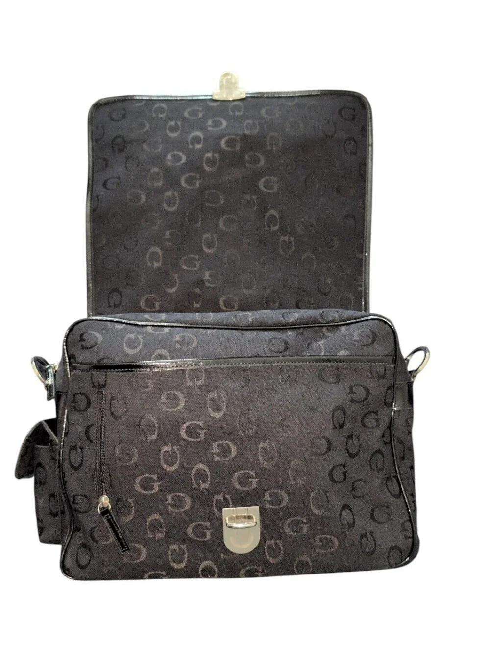 Vintage Unisex Y2K Guess Textured Monogram Messenger Blck Logo Shoulder Bag Rare